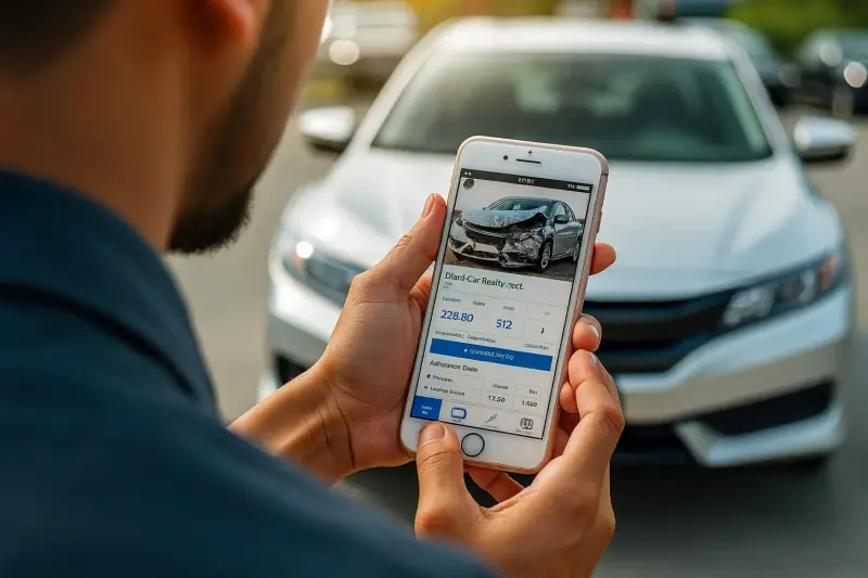 ReporteVINHN - Persona revisando reporte de historial VIN de carro en su teléfono antes de comprar un vehículo usado en Honduras